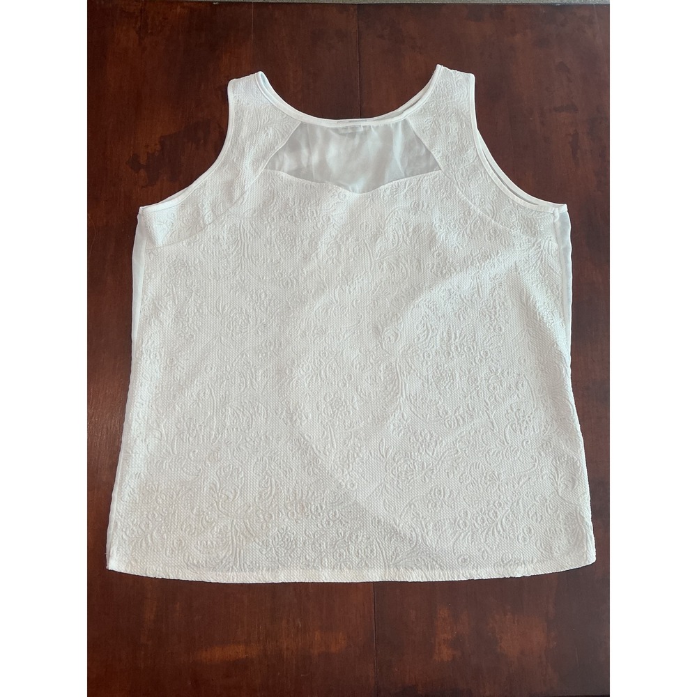 Caren Sport White Floral Jacquard Sleeveless Top Sheer Split Back L